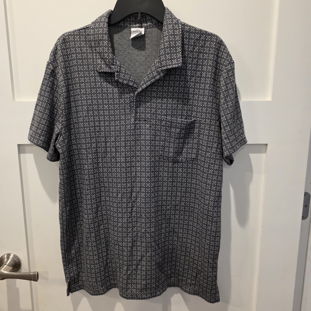 Urban Outfitters Mens Polo Slate Jacquard Retro Geometric Patterned UO Large